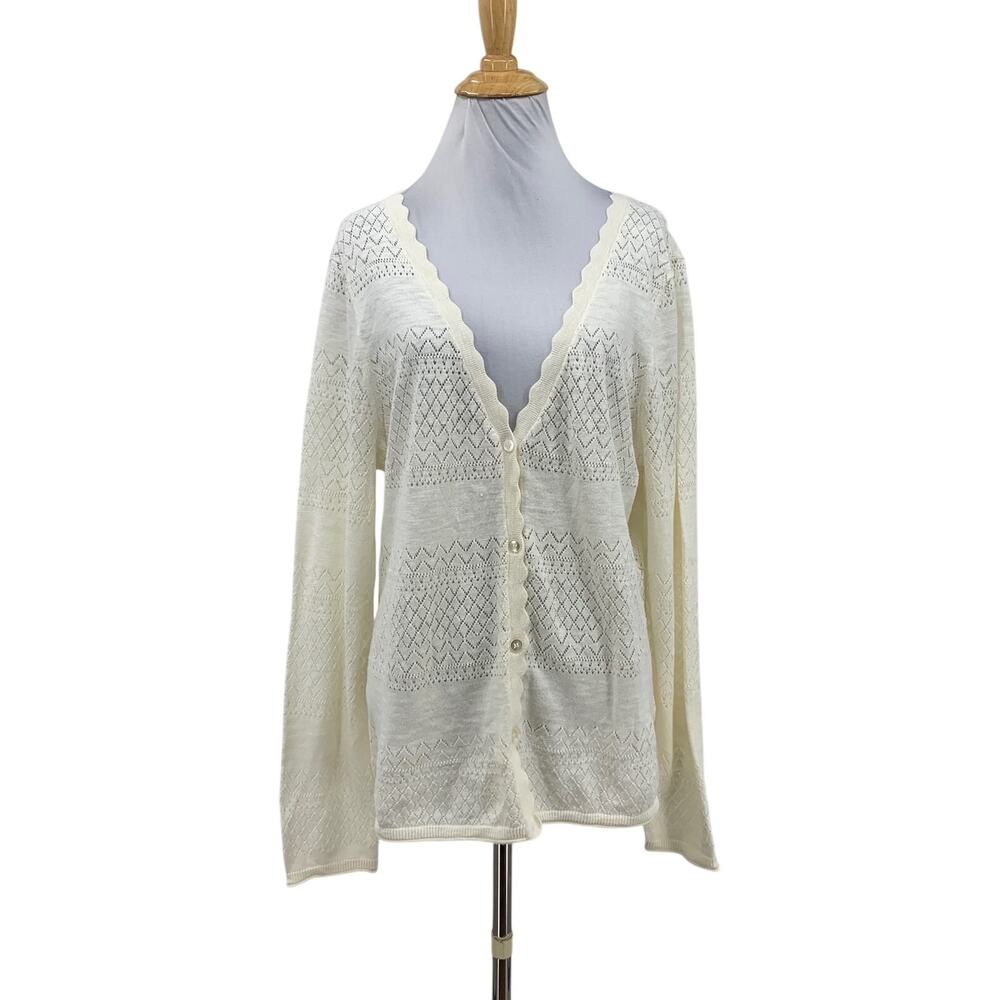 Frye Cardigan Womens L Large Ivory Pointelle Knit Scalloped Edges Button Front